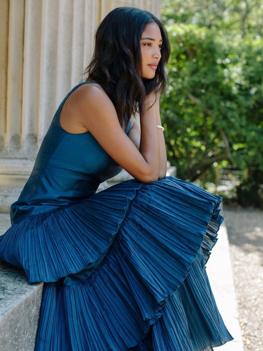Anthropologie Hutch Luna Indigo Blue Tiered Pleated Maxi Dress size 8/10 Medium
